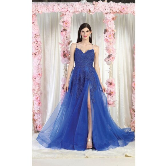 Royal Blue Pageant Long V-Neck Sleeveless A-Line Dress By May Queen MQ2013